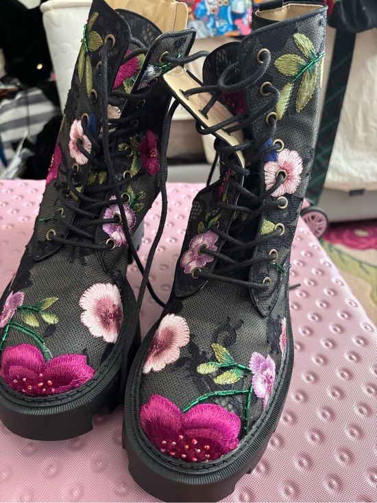 Betsey Johnson Shoes - Betsey Johnson Black Lace-Up Floral Embroidered Combat Boots